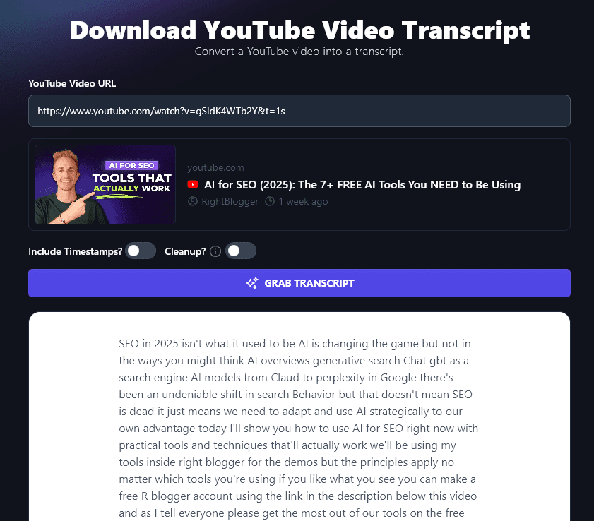 The YouTube Transcript Download Tool Giving the Transcript Without Any Cleanup (and No Timestamps)