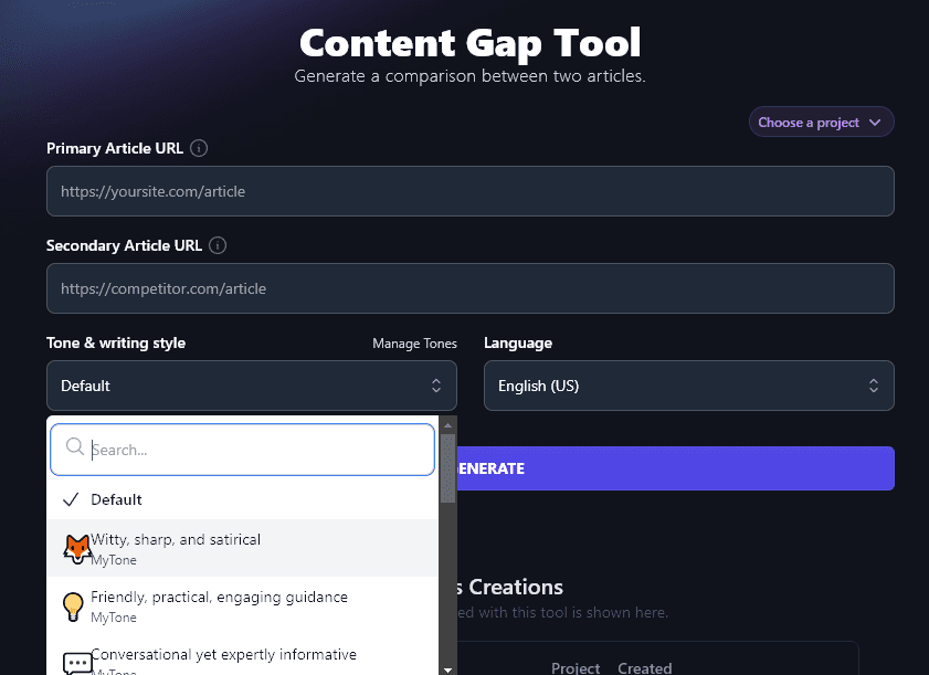 Selecting a Custom MyTone in the Content Gap Analysis Tool's Settings