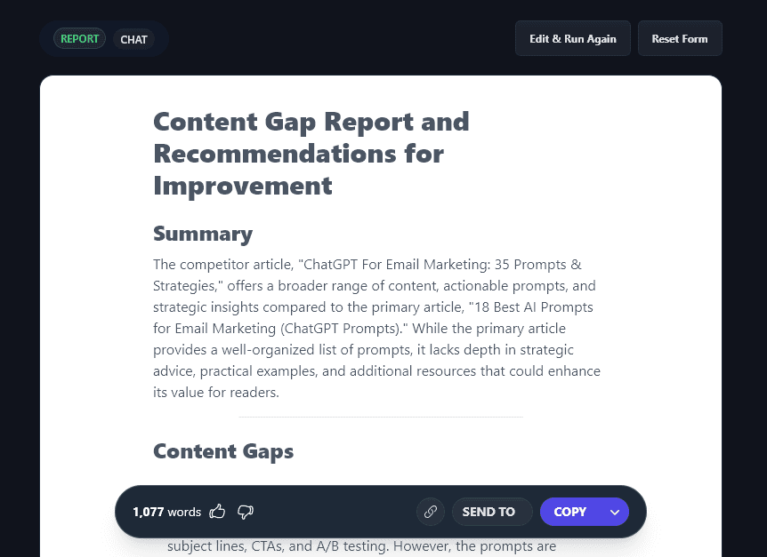 The Content Gap Report With Recommendations, Automatically Produced by the RightBlogger AI