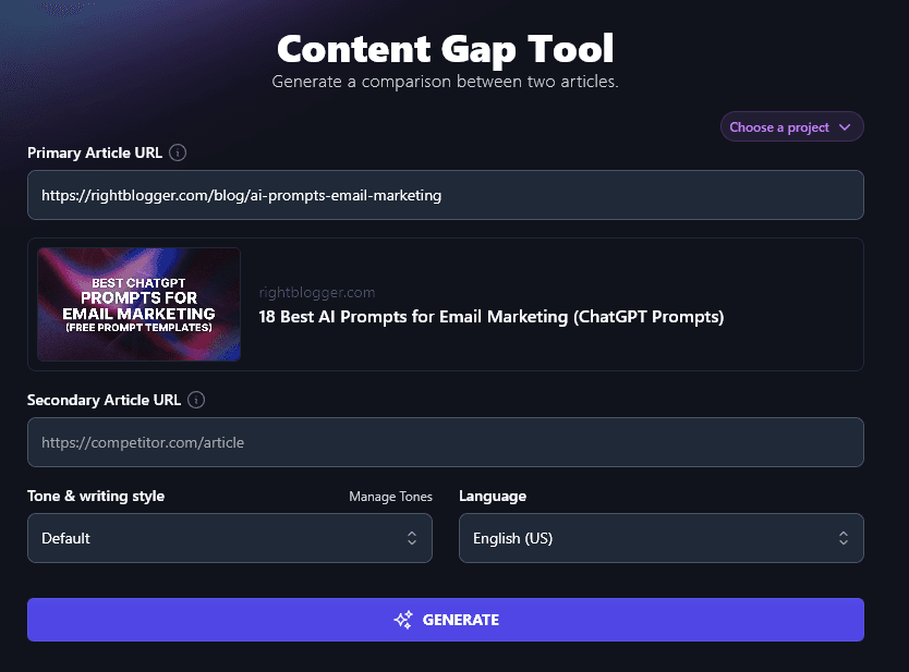 Entering a Primary Article URL Into the AI Content Gap Analysis Tool