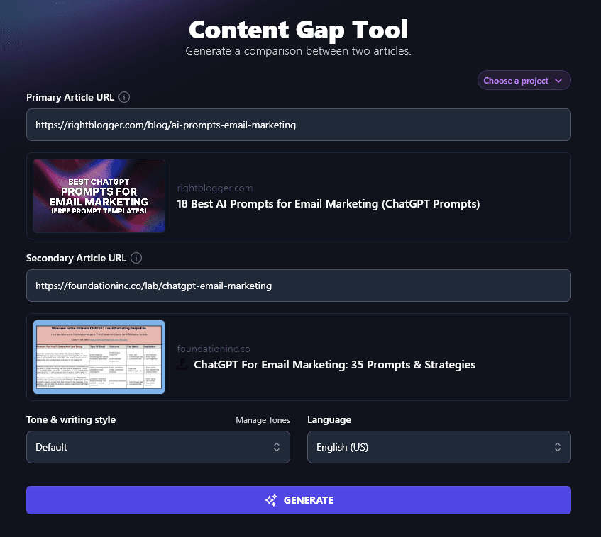 Entering a Secondary Article URL Into the AI Content Gap Analysis Tool