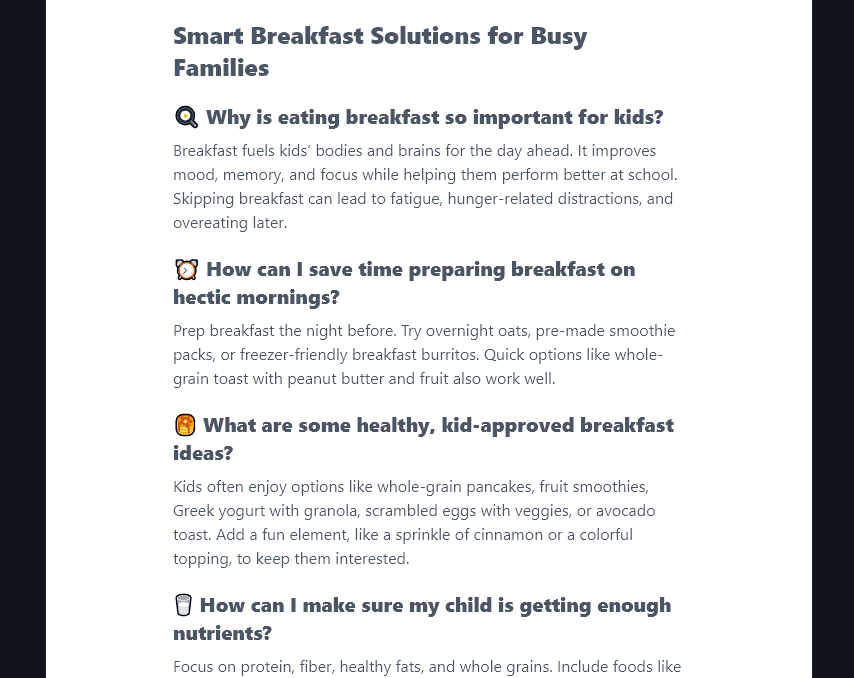 A List of Questions and Answers from the FAQ Generator Tool That Use Emjois in Each of the Question Headers