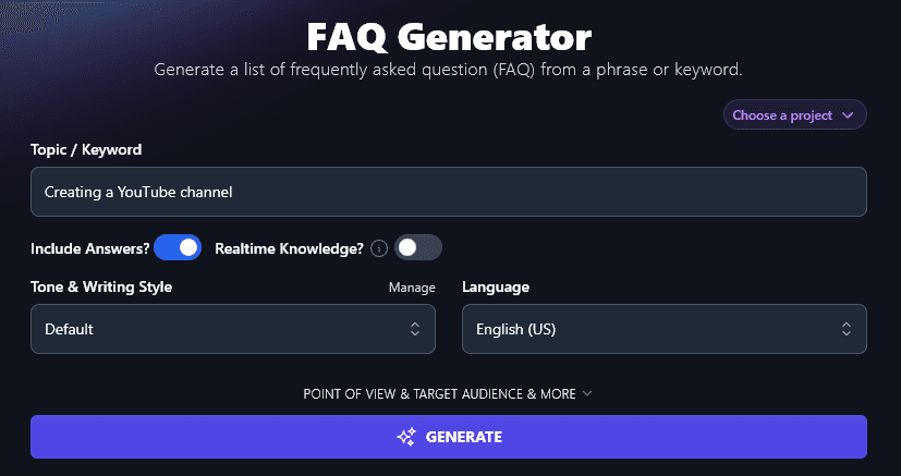 Entering a Topic/Keyword Into the AI FAQ Generator Tool