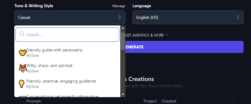 Choosing a Custom MyTone from the Tone & Writing Style Dropdown