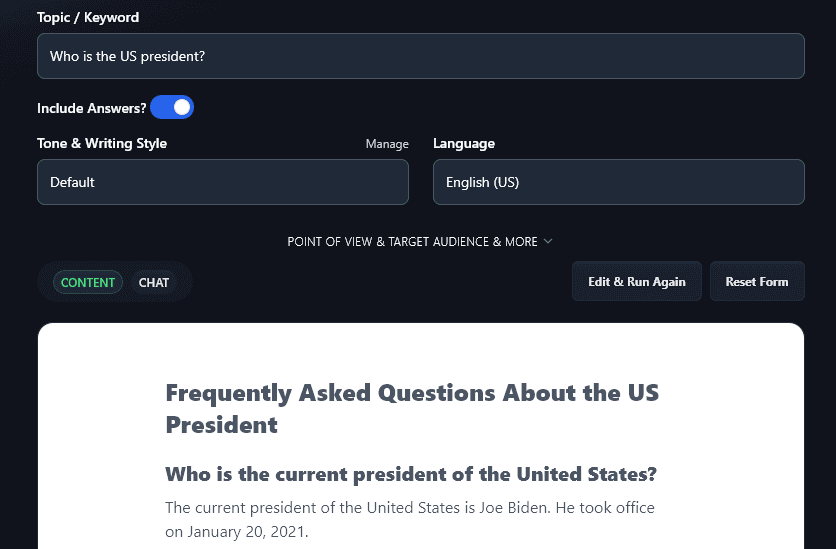 An Example of the AI FAQ Generator Not Incorporating Realtime Knowledge and Stating that Joe Biden is the US President