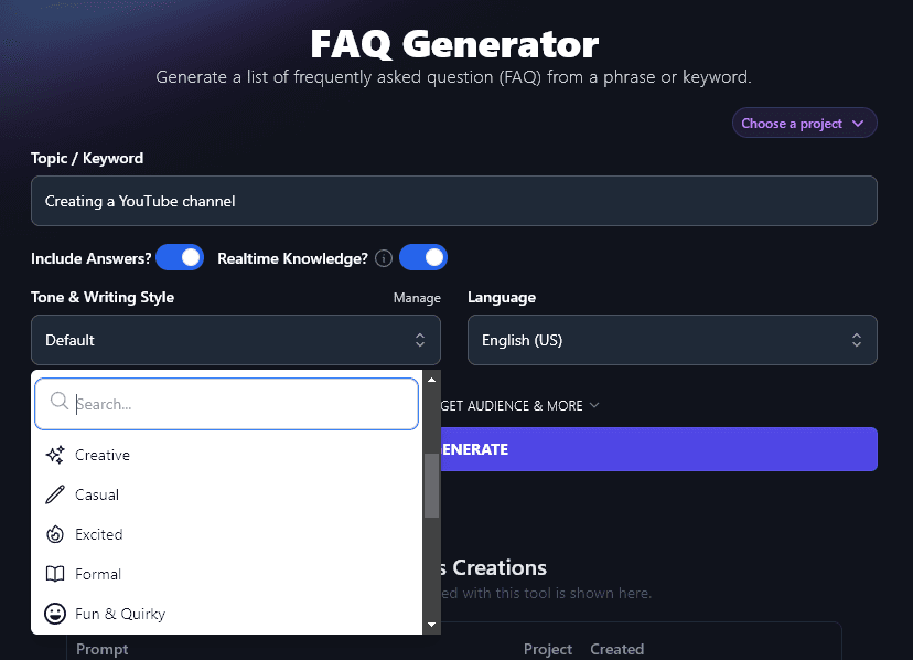 Selecting a Tone & Writing Style for the FAQs Produced by the AI FAQ Generator Tool