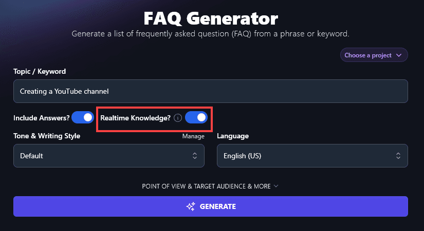 Selecting Whether the AI FAQ Generator Tool Should Use Realtime Knowledge When Coming Up With Questions and Answers
