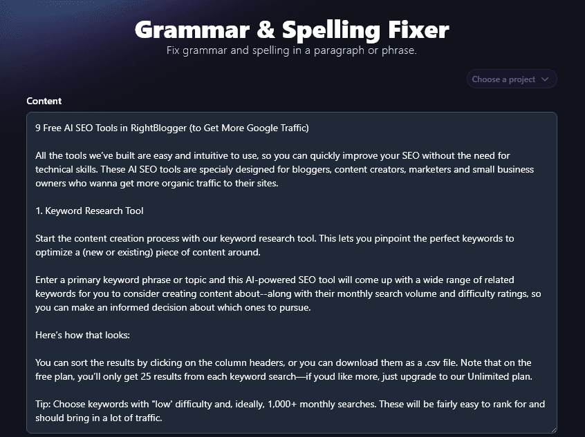Pasting a Long Piece of Text Into the Grammar Checker