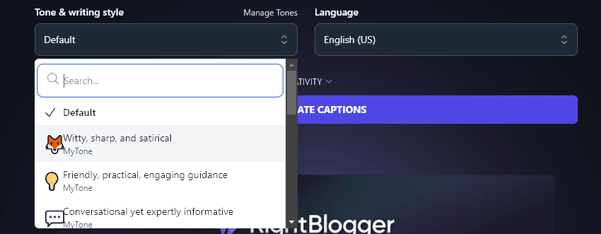 Choosing a Custom MyTone Using the Image Caption Generator's Tone & Writing Style Dropdown