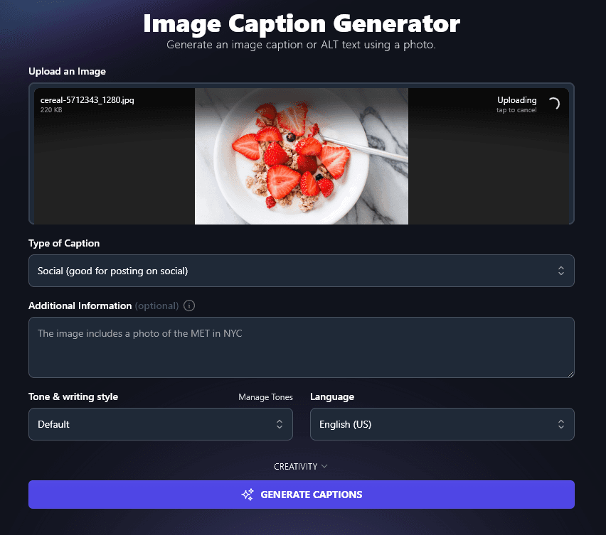 Uploading an Image to the AI Caption Generator