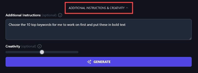 Entering Additional Instructions for the Keyword Cluster Tool