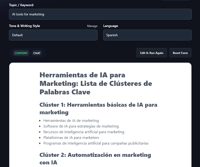 The Keyword Cluster Tool Producing Keywords in Spanish
