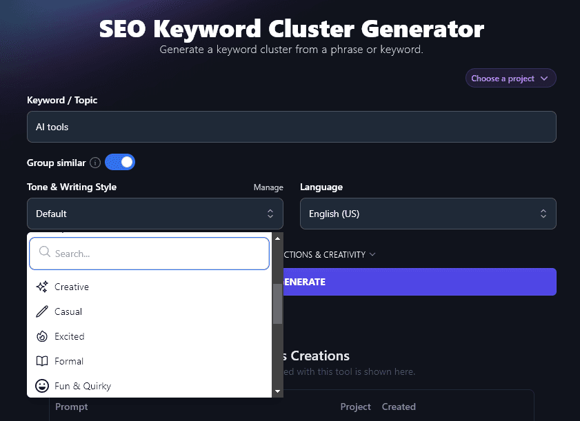 Selecting a Tone / Writing Style With the SEO Keyword Cluster Generator