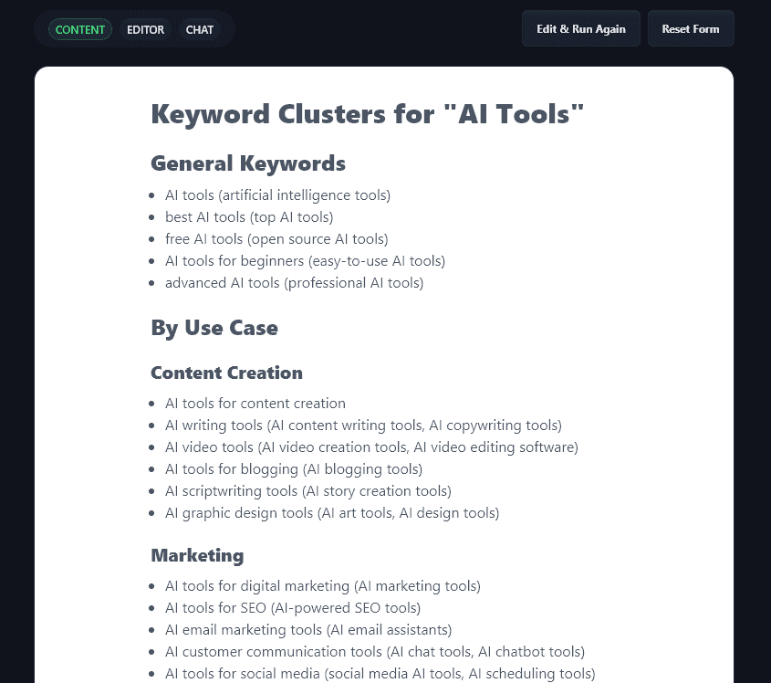 The Generated Keyword Clusters for the Term AI Tools, Shown in Sections With Similar Keywords Grouped Together