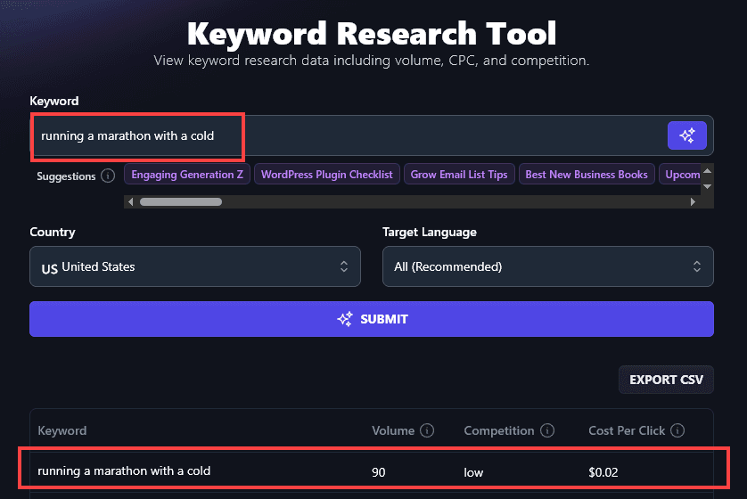 Running the Keyword Research Tool for Your Selected Keyword