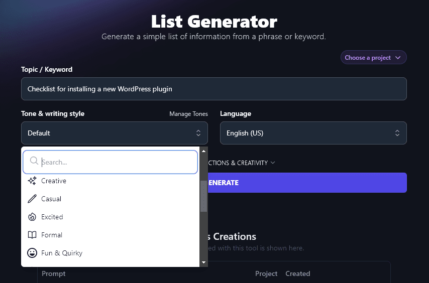 Selecting a Tone & Writing Style in the RightBlogger List Generator