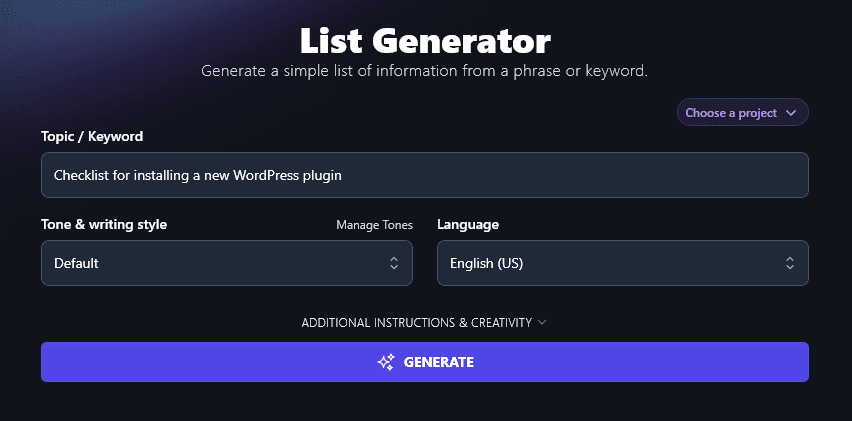 Entering a Topic/Keyword in the RightBlogger List Generator