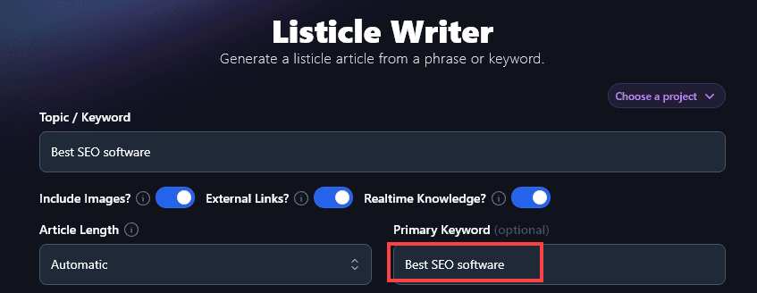Entering a Primary Keyword for use by the RightBlogger Listicle Writer Tool