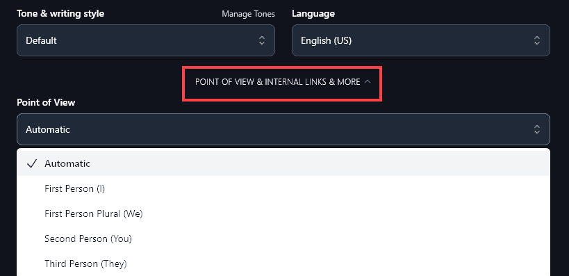 Opening the Additional Options for the Listicle Writer Tool