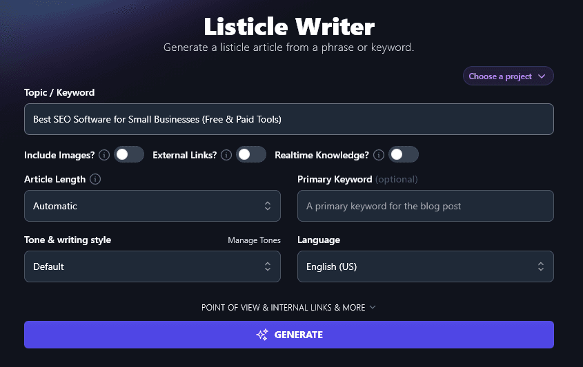 Using a More Specific Topic/Keyword for the Listicle Writer Tool: Best SEO Software for Small Businesses (Free & Paid Tools)
