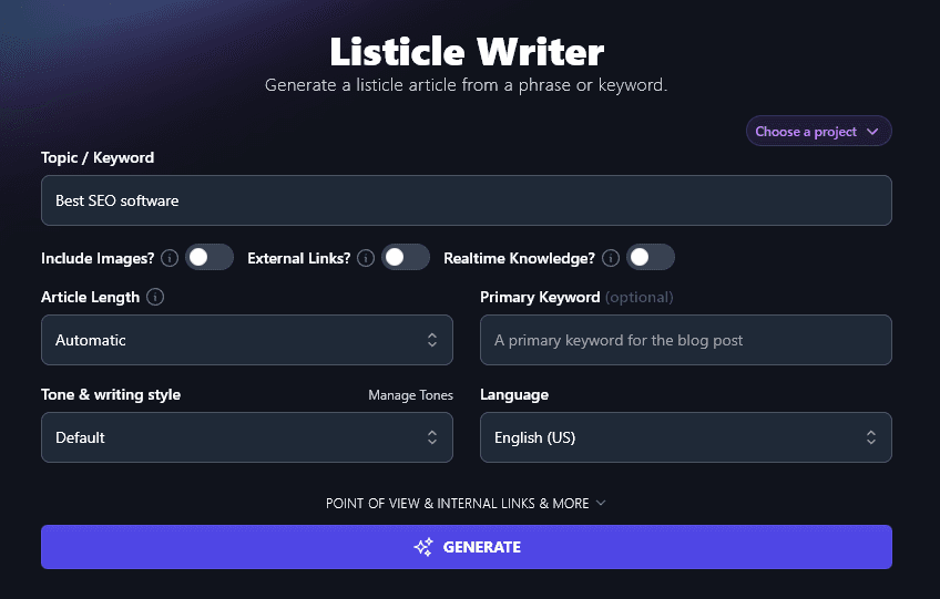 Entering a Topic or Keyword Into the AI Listicle Writer Tool
