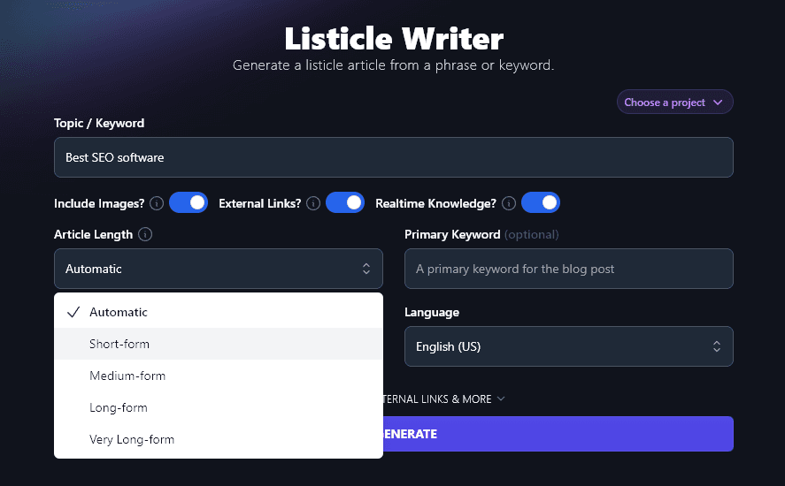 Selecting the Article Length for the Generated Listicle