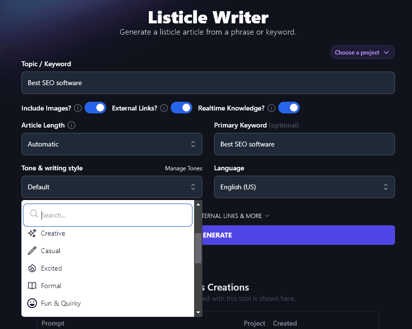 Selecting a Tone and Writing Style from the Dropdown Within the RightBlogger Listicle Writer Tool