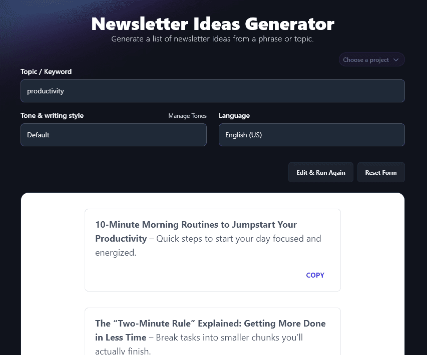 Inputting a General Idea Into the Newsletter Idea Generator, With a Broad Range of Results