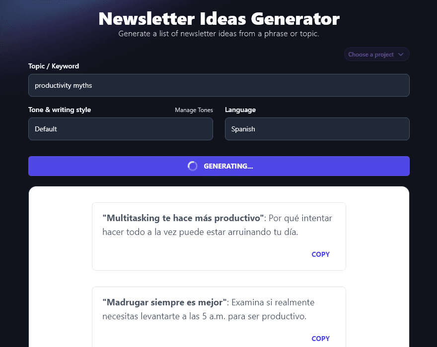 Generating a Newsletter Idea in Spanish Using the Newsletter Idea AI Tool