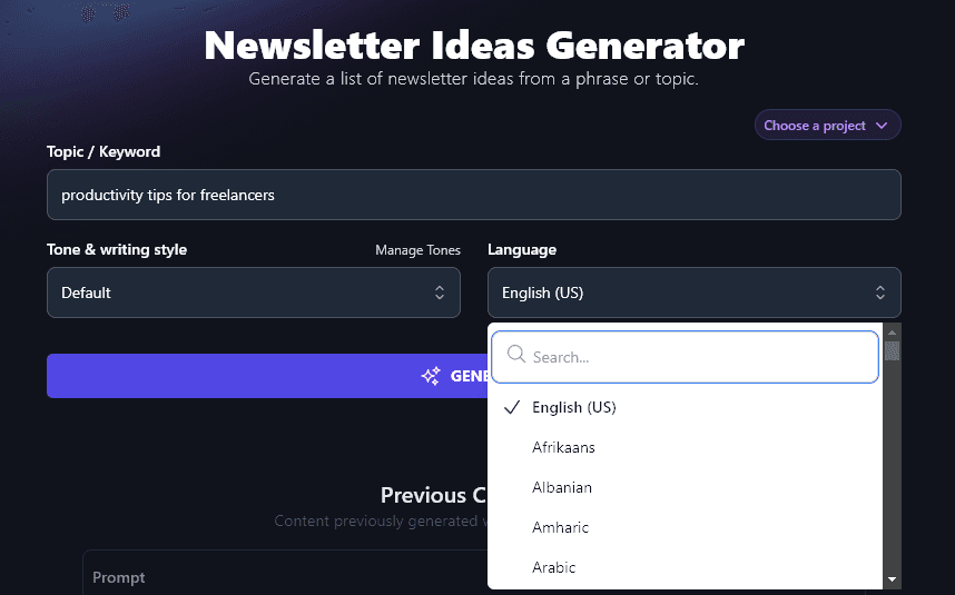 Using the Language Dropdown in the RightBlogger Newsletter Ideas Generator