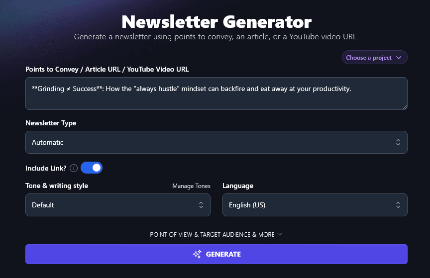 The Newsletter Generator Tool Populated With Information From Your Chosen Newsletter Idea