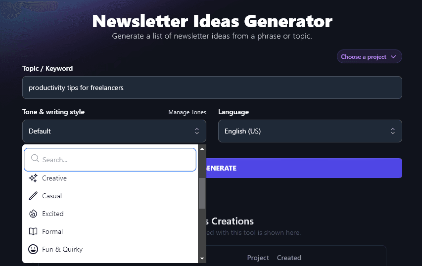 Choosing an Optional Tone or Writing Style for the RightBlogger Newsletter Ideas Generator