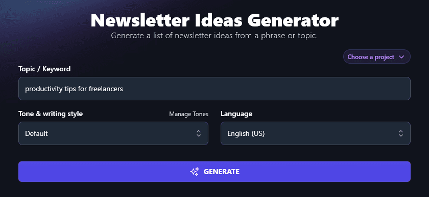Entering a Topic/Keyword Into the RightBlogger Newsletter Ideas Generator