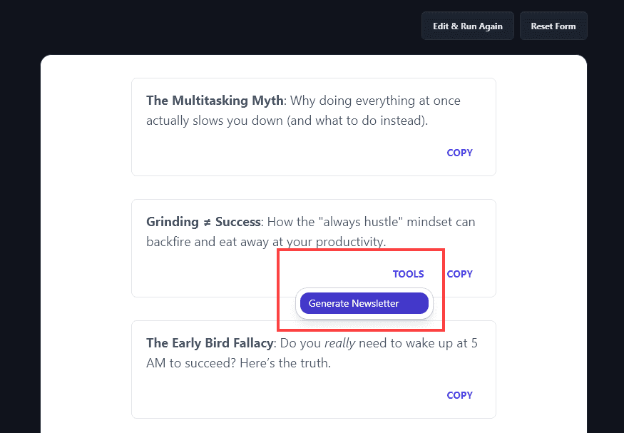 Using the Tools link and the Generate Newsletter Button Directly From the Newsletter Ideas Tool