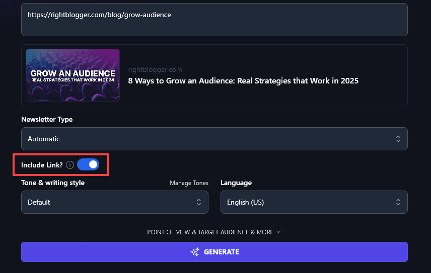 Choosing Whether or Not to Include a Link in Your Newsletter with the AI Newsletter Generator