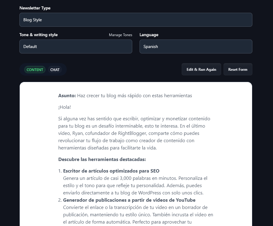 Generating a Newsletter in Spanish Using the AI Newsletter Tool