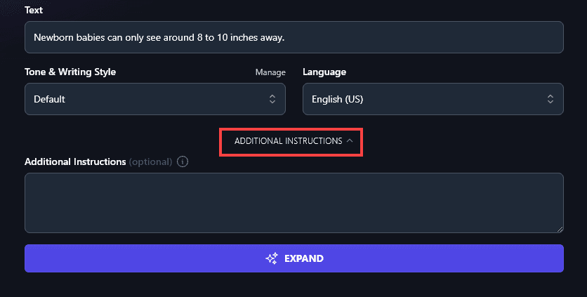 Including Additional Instructions for the AI Expand Text Tool