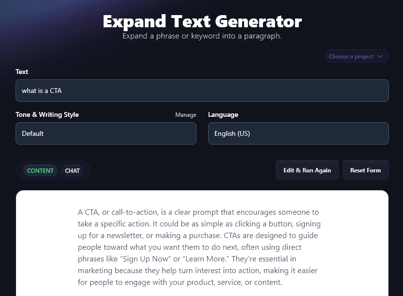Using the Expand Text Generator With a Very Short Piece of Text