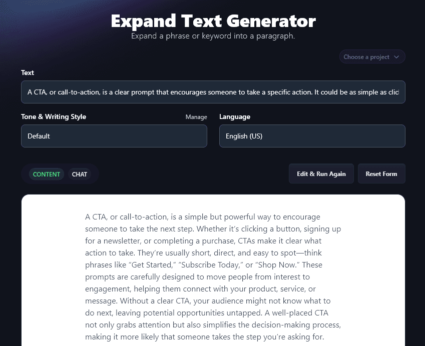 Using the Expand Text Generator With a Longer Piece of Text