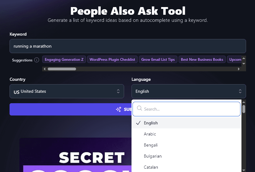 Selecting a Language for the People Also Ask Tool