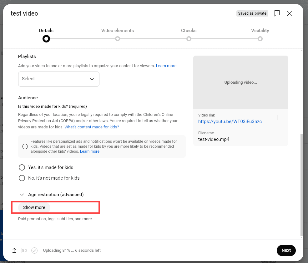 Viewing Your Video Details and Clicking the Show More Button (in YouTube Studio)