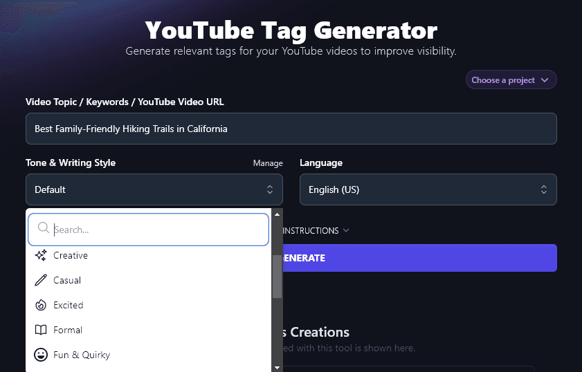 Selecting a Tone / Writing Style in the AI YouTube Tag Generator