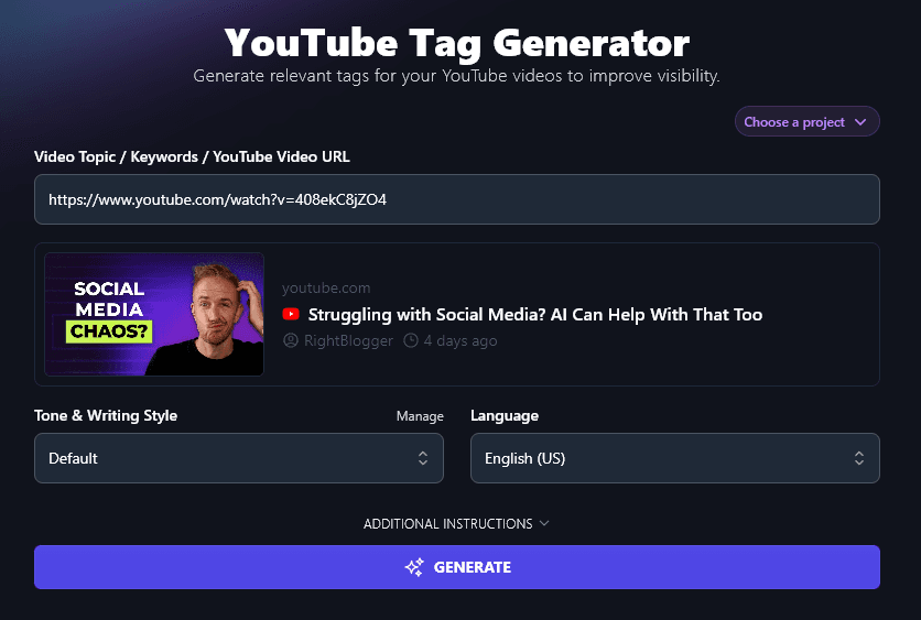 Using the YouTube Tag Generator With a URL for an Existing Video