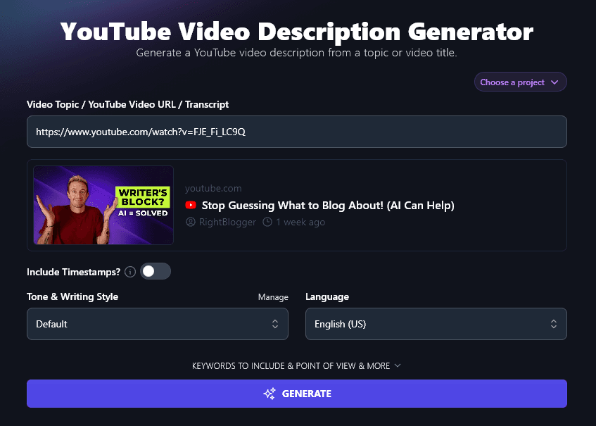 Entering a URL into the AI YouTube Video Description Generator