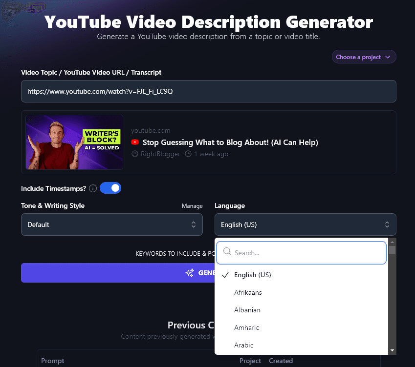 Picking a Language for the AI YouTube Video Description Generator to Generate a Description In
