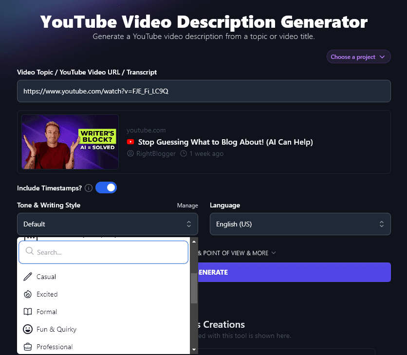 Selecting a Tone / Writing Style for the AI YouTube Video Description Generator