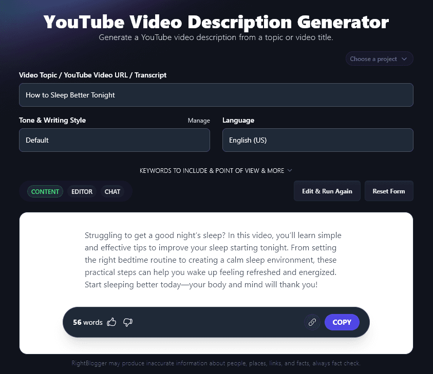 Entering a Topic Into the AI YouTube Description Generator