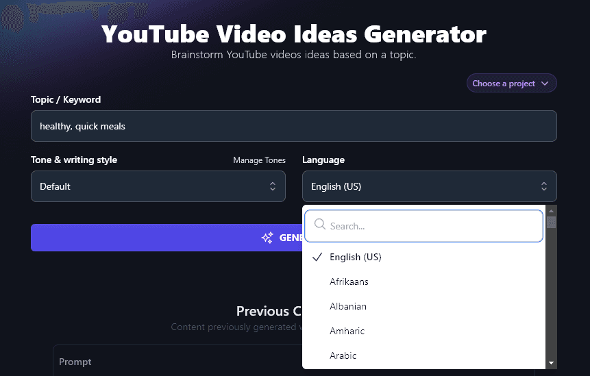 Picking an Output Language for the AI YouTube Video Ideas Generator