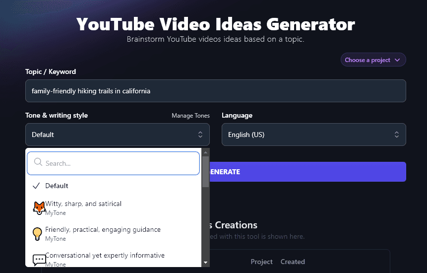 Choosing a Custom MyTone from the Tone & Writing Style Dropdown in the AI YouTube Video Ideas Generator