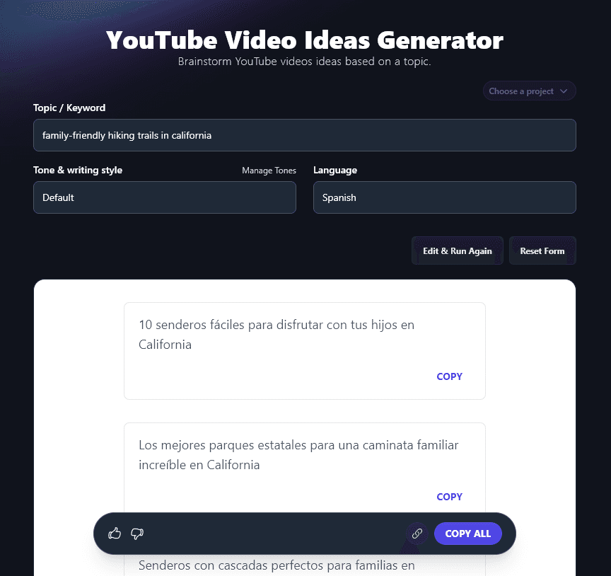 Generating Video Ideas in Spanish With the AI YouTube Ideas Generator